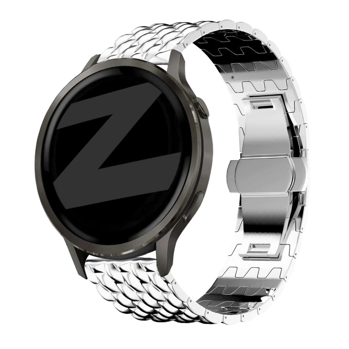 Steel Strap 'Dragon', silver, on a watch, 3/4 front view