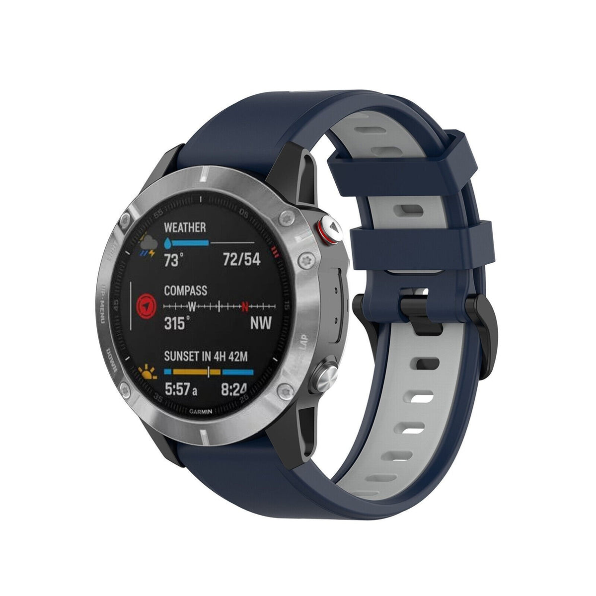 Silicone Sport Buckle Strap, blue/grey, on a watch, 3/4 front view