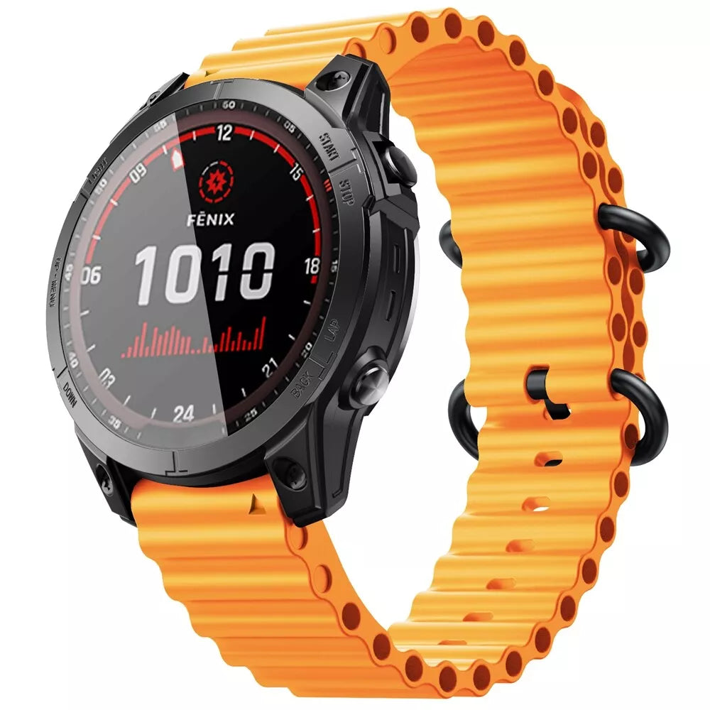 Silicone Ocean Strap, orange, on a watch, 3/4 front view
