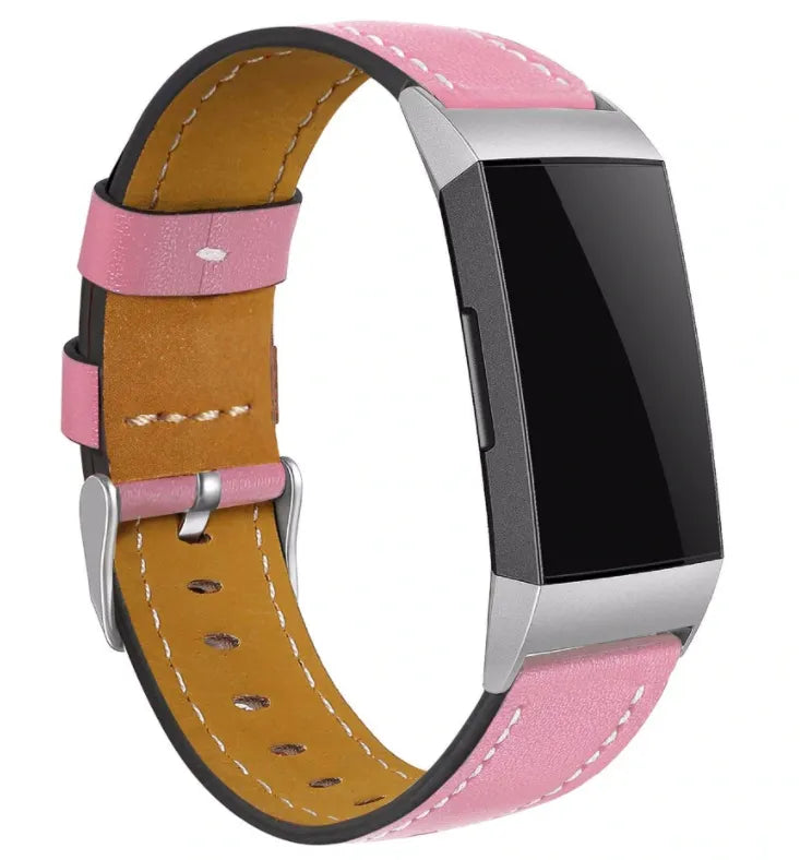 Modern Leather Strap, pink, on a watch, 3/4 front view