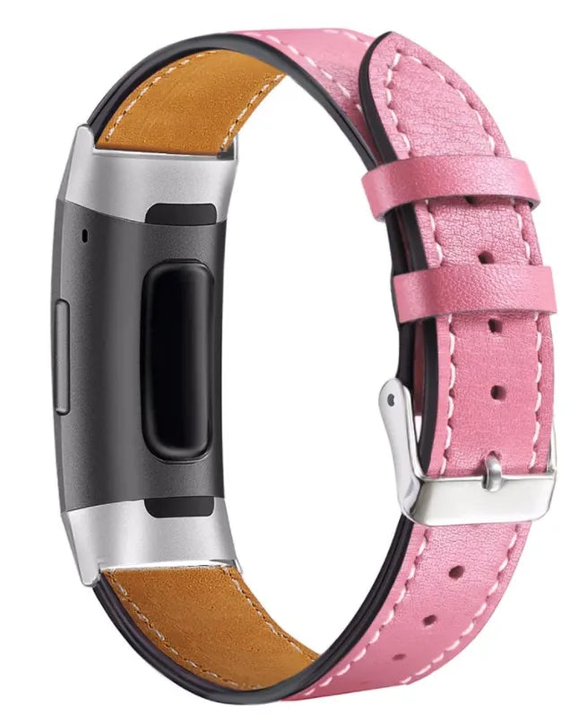Modern Leather Strap, pink, on a watch, 3/4 front view