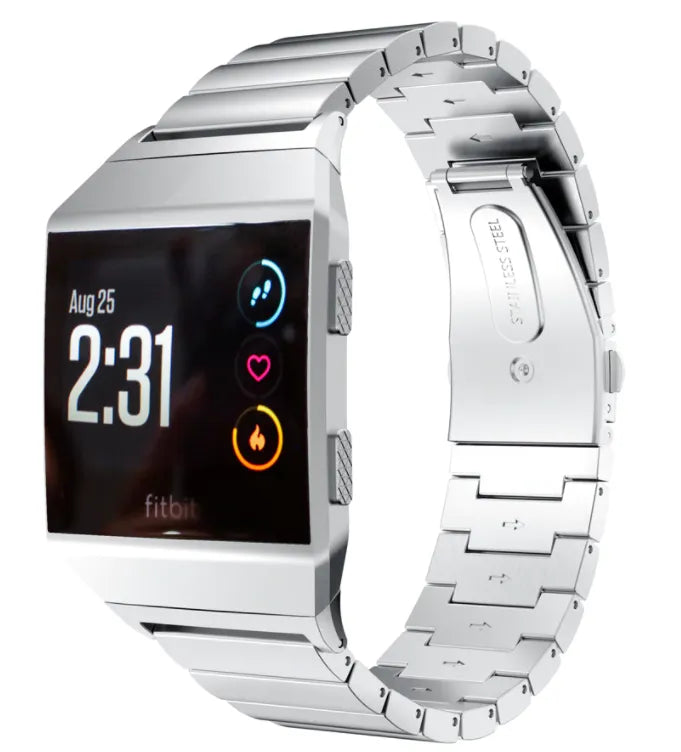 Metal Strap, silver, on a watch, 3/4 front view