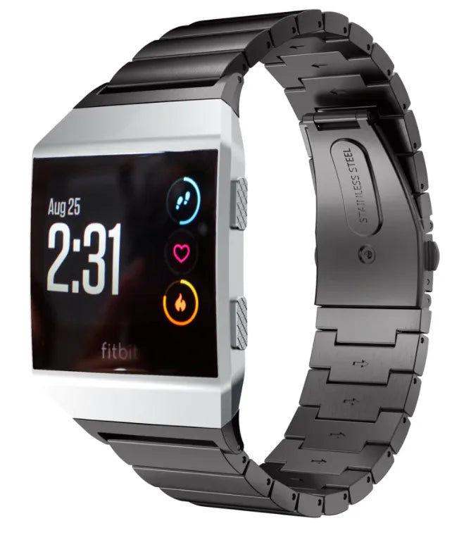 Metal Strap, black, on a watch, 3/4 front view