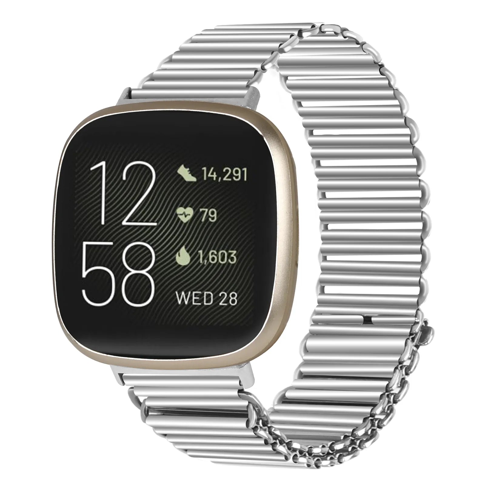 Steel Loop Strap, silver, on a watch, 3/4 front view