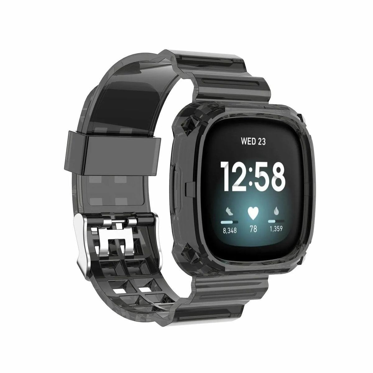 Silicone Clear TPU Strap, transparent black, on a watch, 3/4 front view