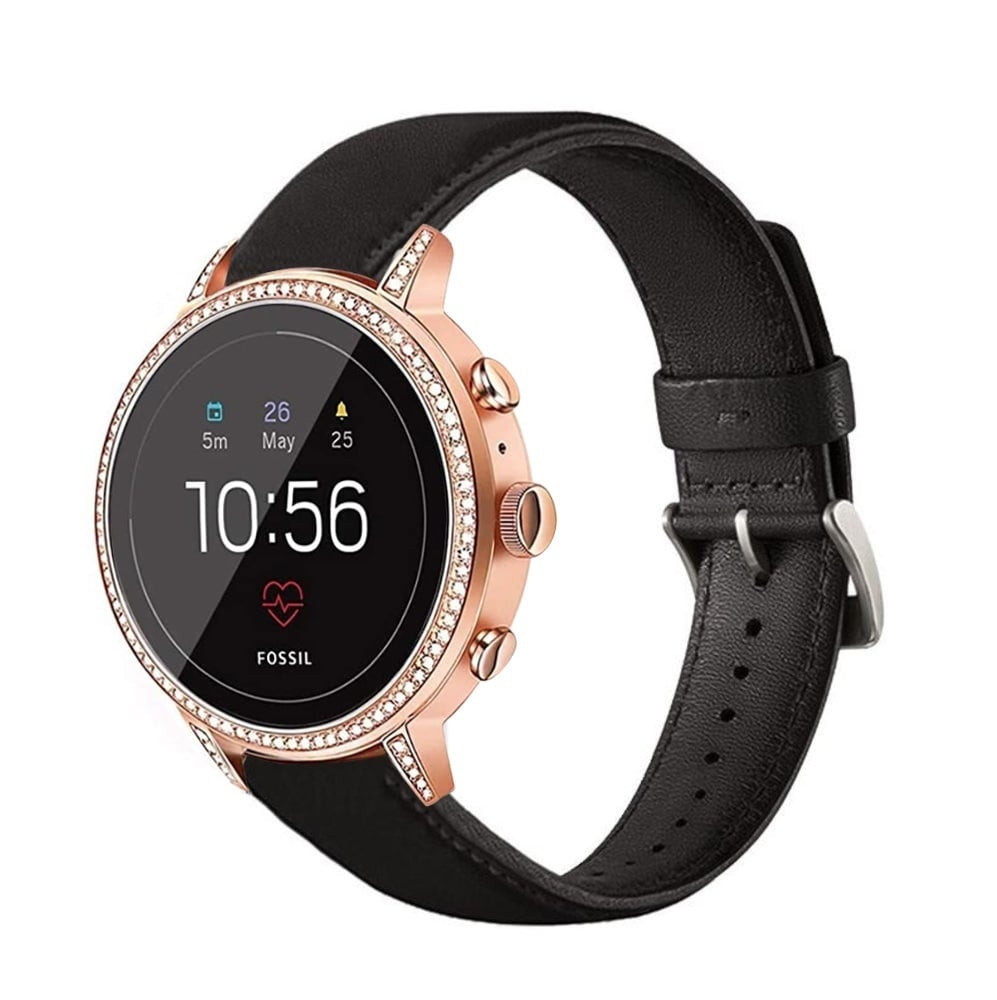 Leather Strap, black, on a watch, 3/4 front view