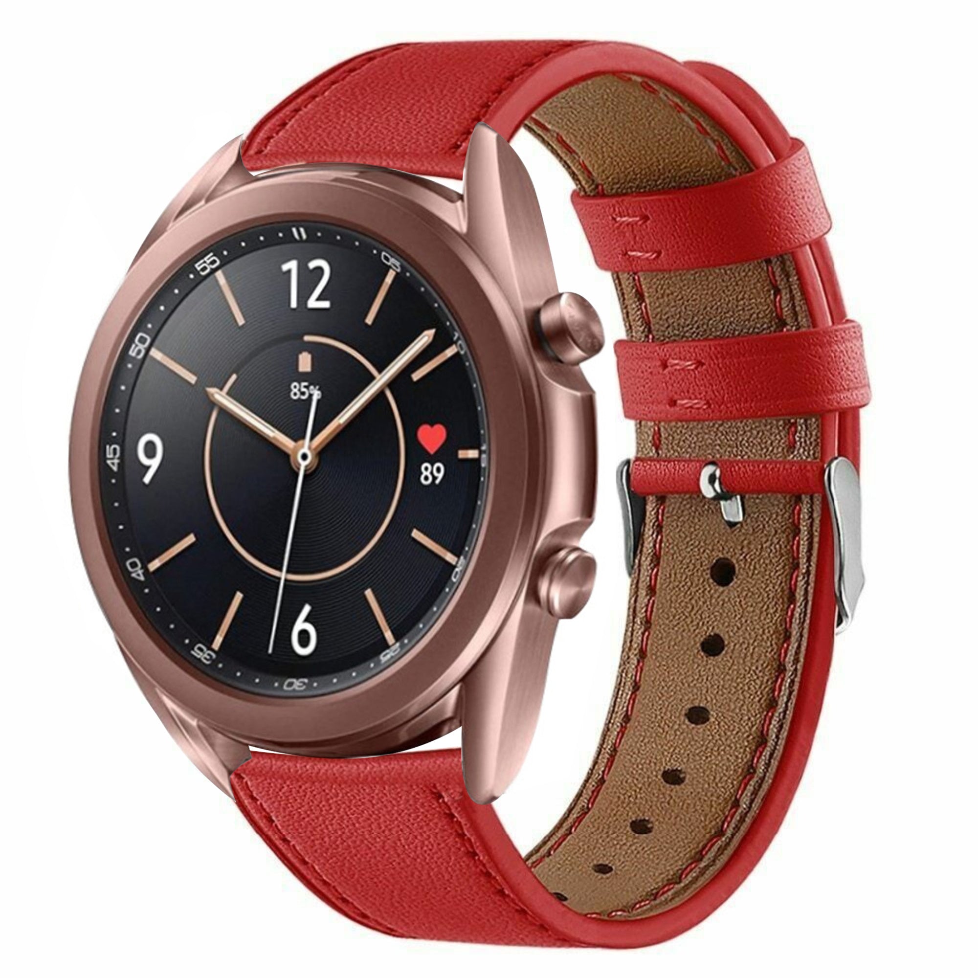 Modern Leather Strap, red, on a watch, 3/4 front view