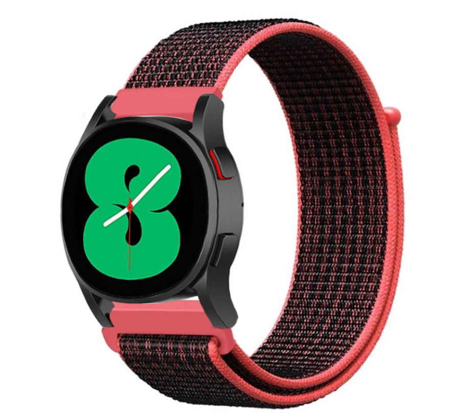 Nylon Strap, black/coral, on a watch, 3/4 front view