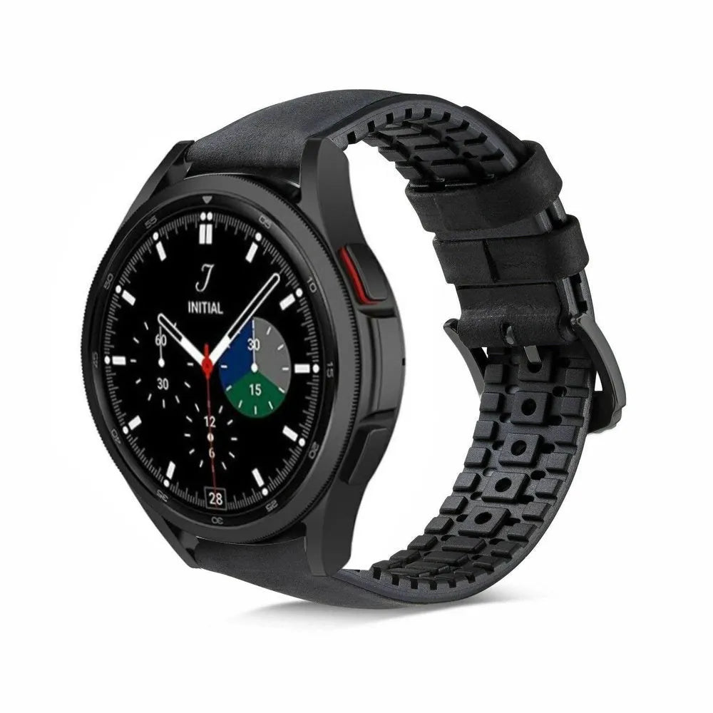 Leather / Silicone Strap, black, on a watch, 3/4 front view