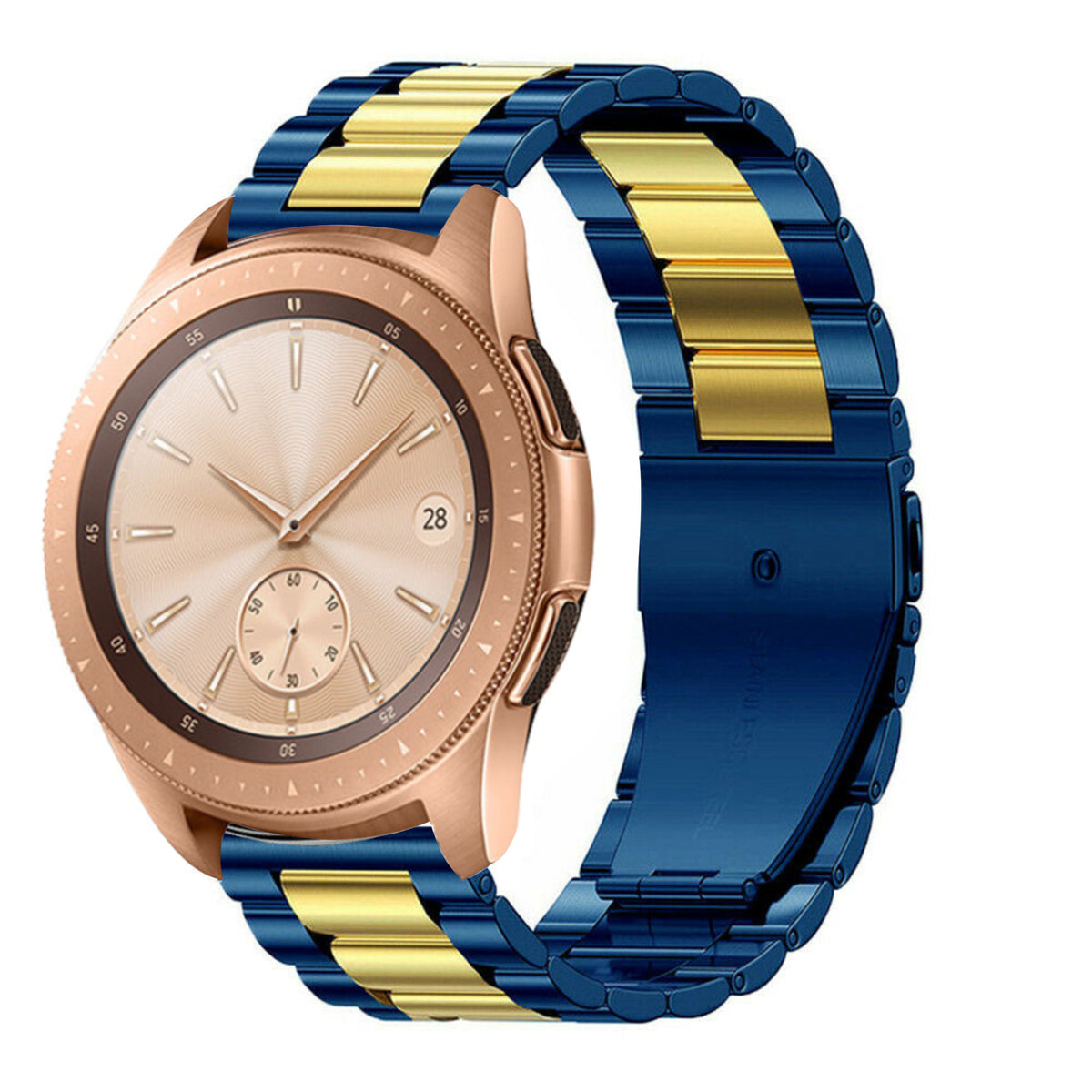 Steel Strap, blue/gold, on a watch, 3/4 front view