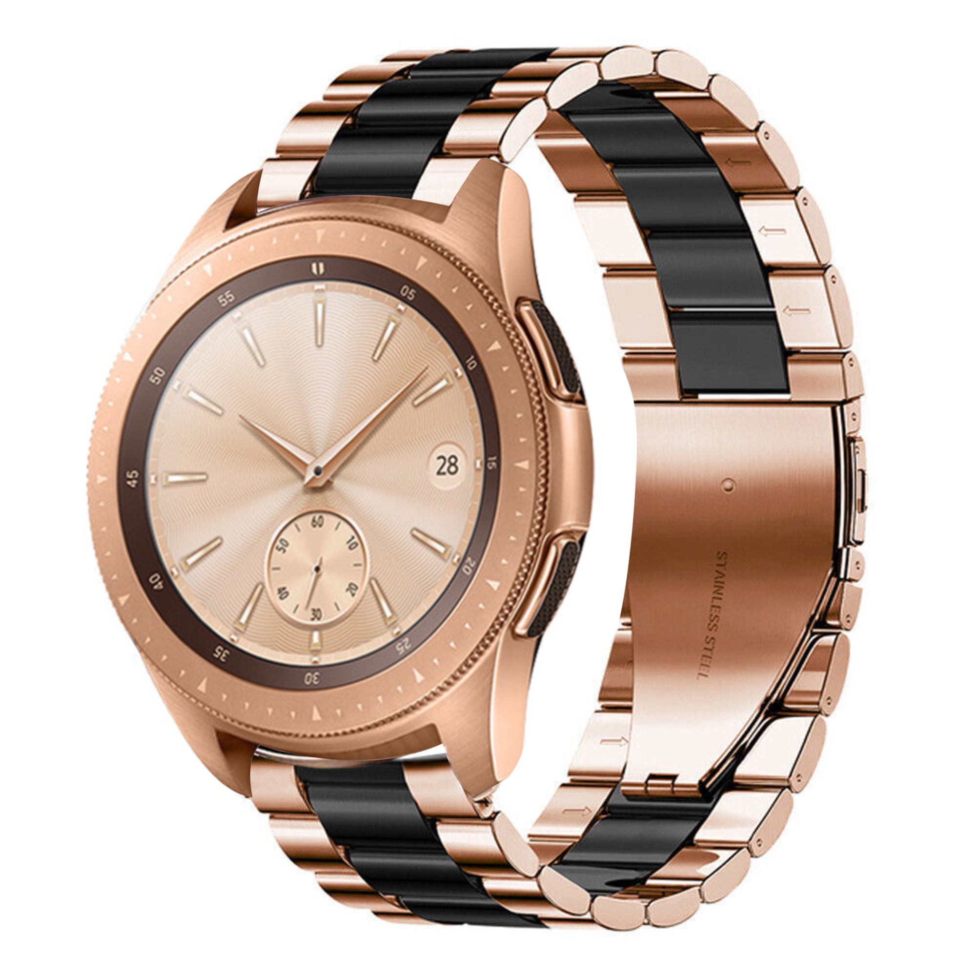Steel Strap, rose gold/black, on a watch, 3/4 front view