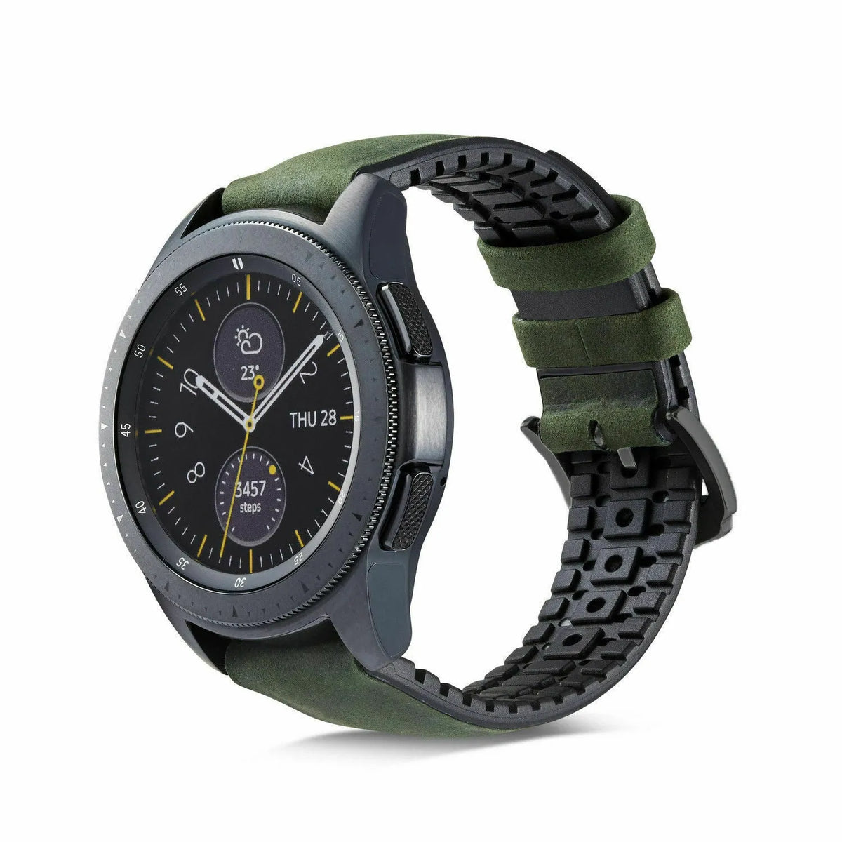 Leather / Silicone Strap, black/green, on a watch, 3/4 front view
