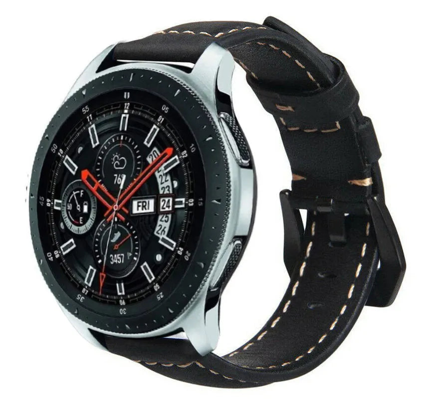Leather Strap, black, on a watch, 3/4 front view