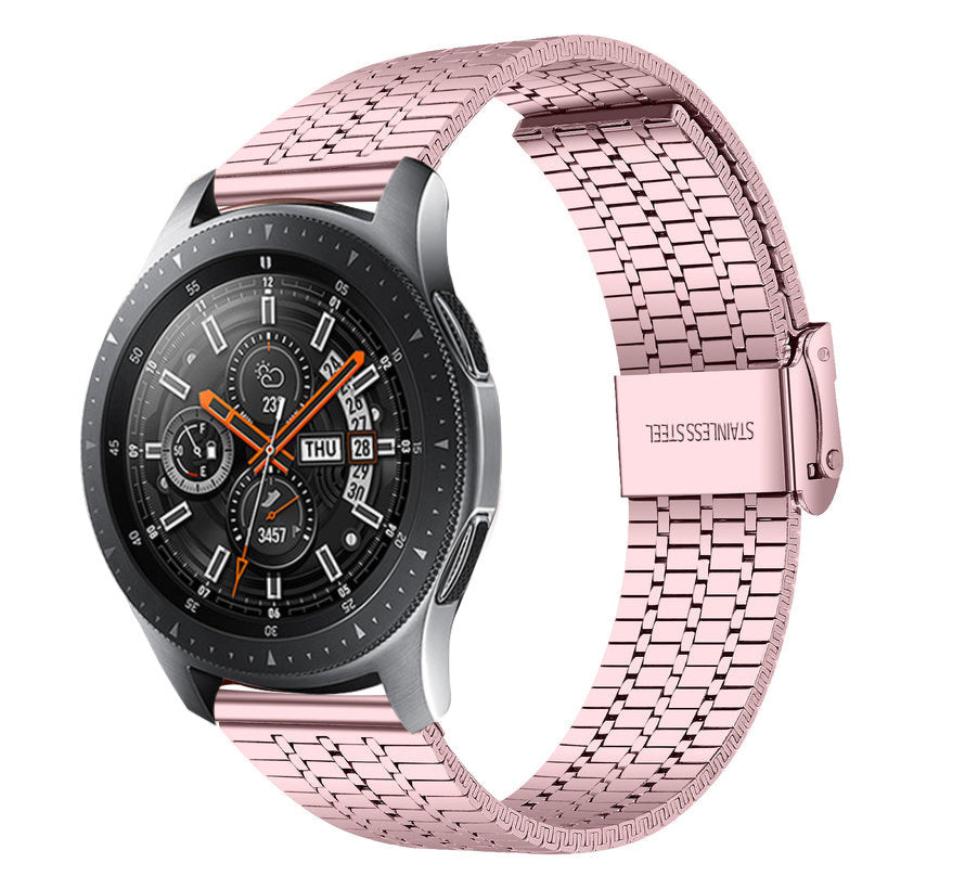 Fine Steel Strap, pink, on a watch, 3/4 front view