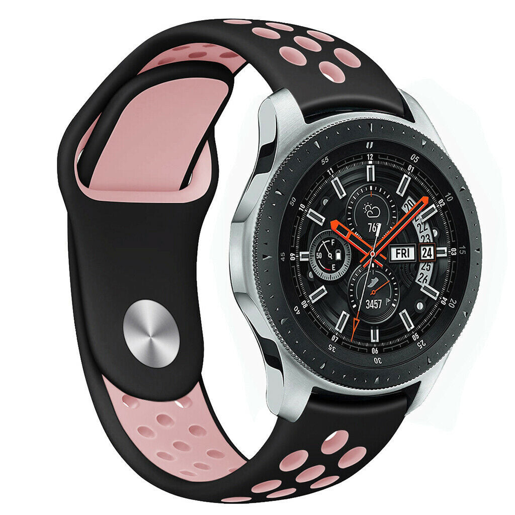Silicone Sport Strap, black/pink, on a watch, 3/4 front view