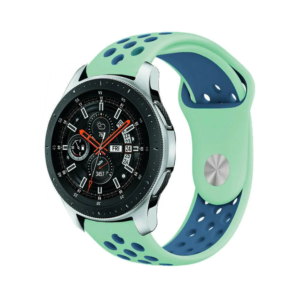 Silicone Sport Strap, aqua/blue, on a watch, 3/4 front view
