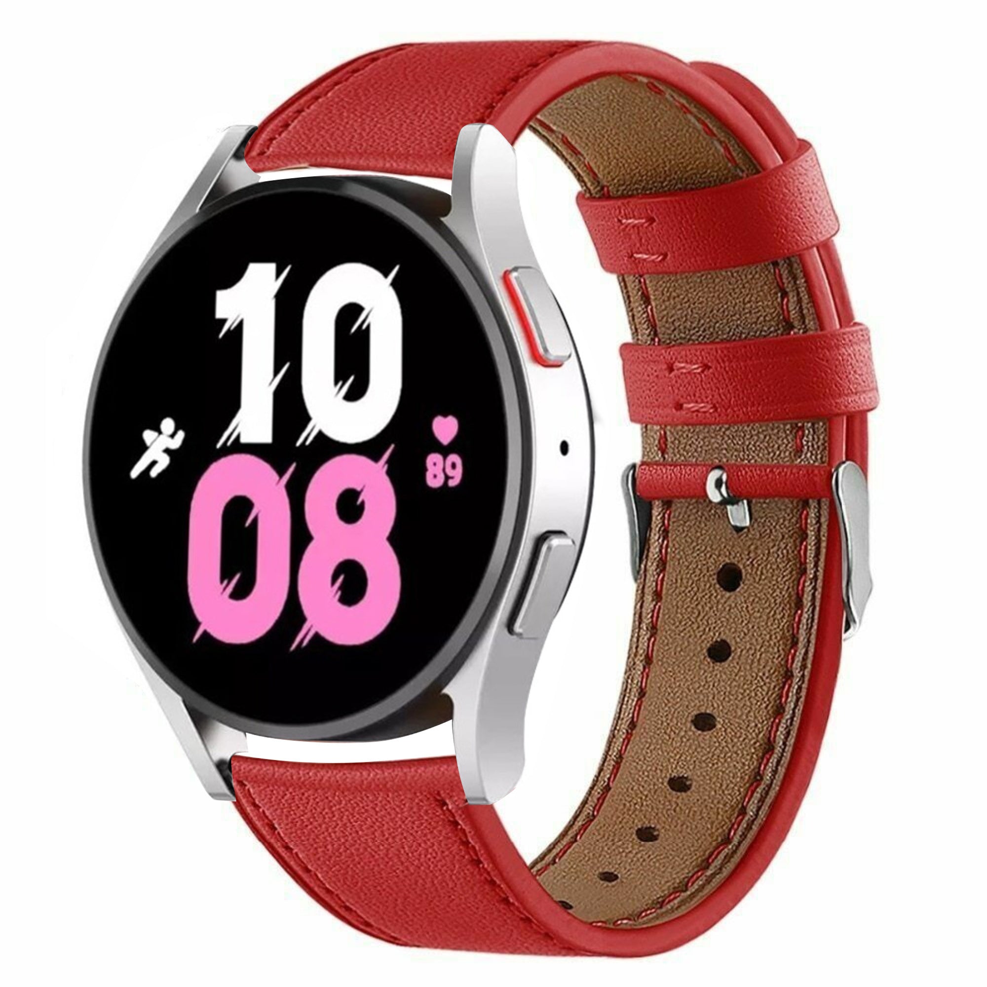 Modern Leather Strap, red, on a watch, 3/4 front view