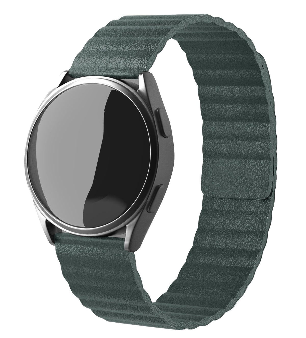 Leather Loop Strap, viridian, on a watch, 3/4 front view