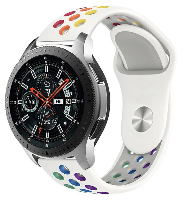 Silicone Sport Strap, white/colourful, on a watch, 3/4 front view
