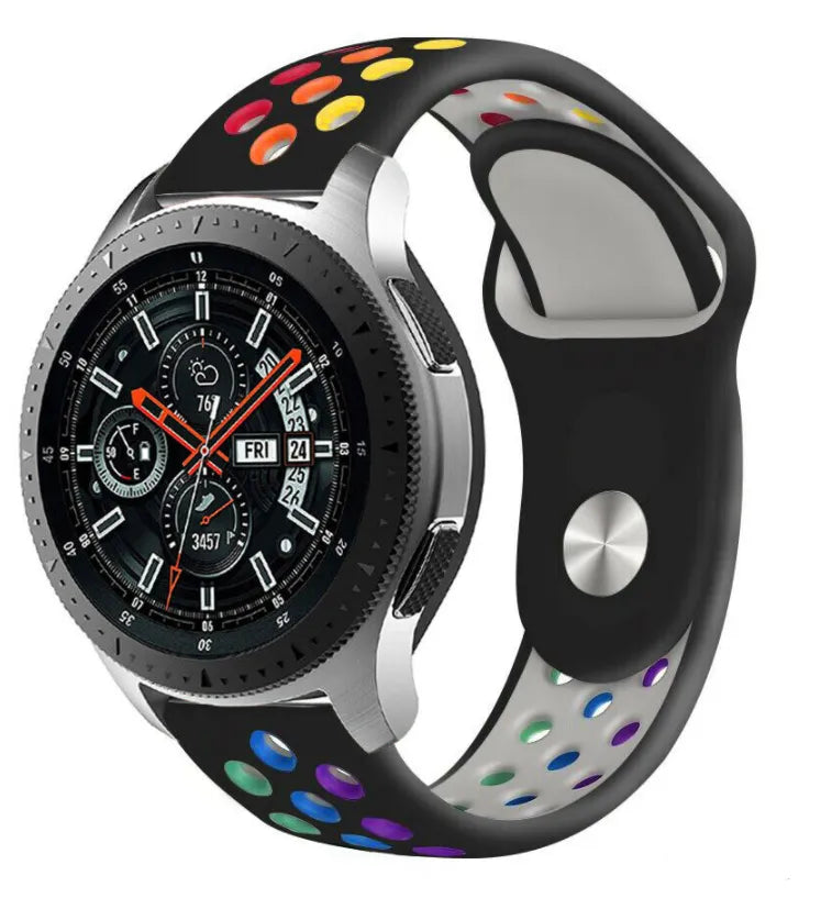 Silicone Sport Strap, black/colourful, on a watch, 3/4 front view