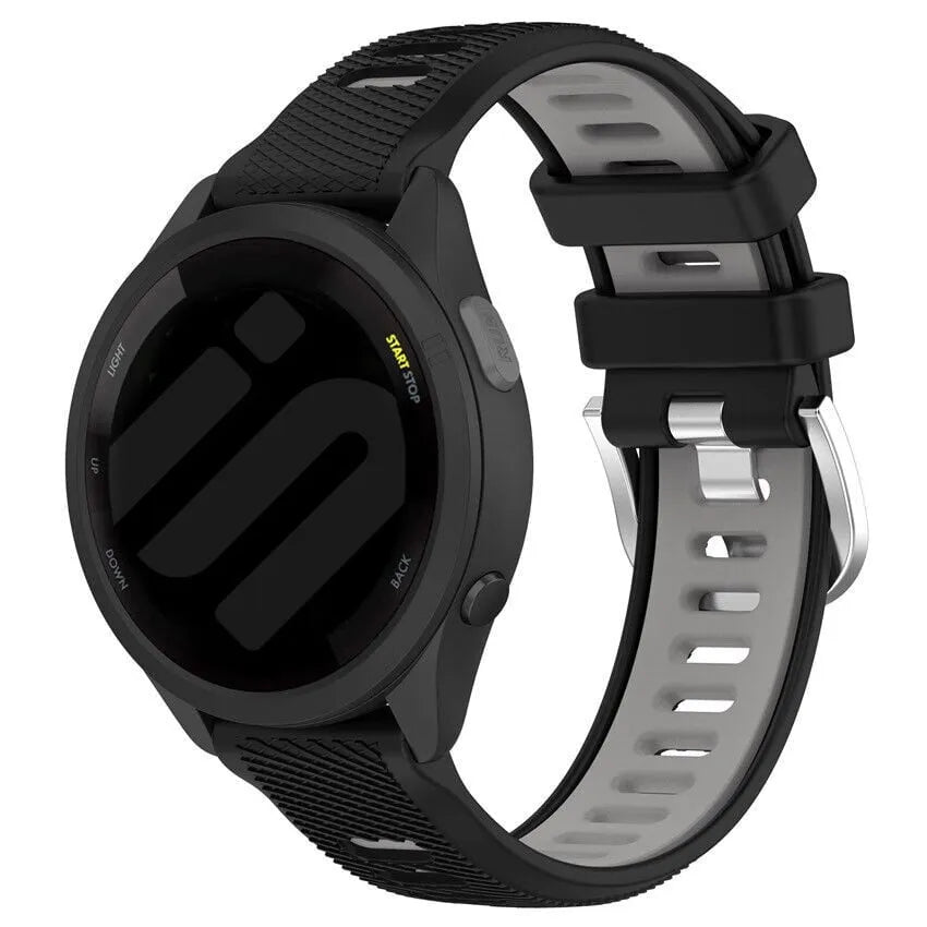 Silicone Buckled Sport Strap, black/grey, on a watch, 3/4 front view