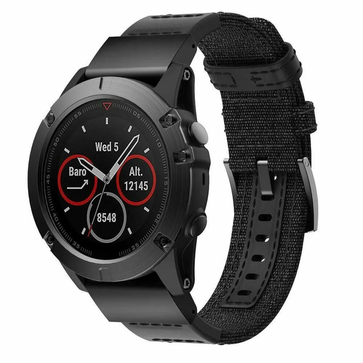 Nylon Hybrid Strap, black, on a watch, 3/4 front view