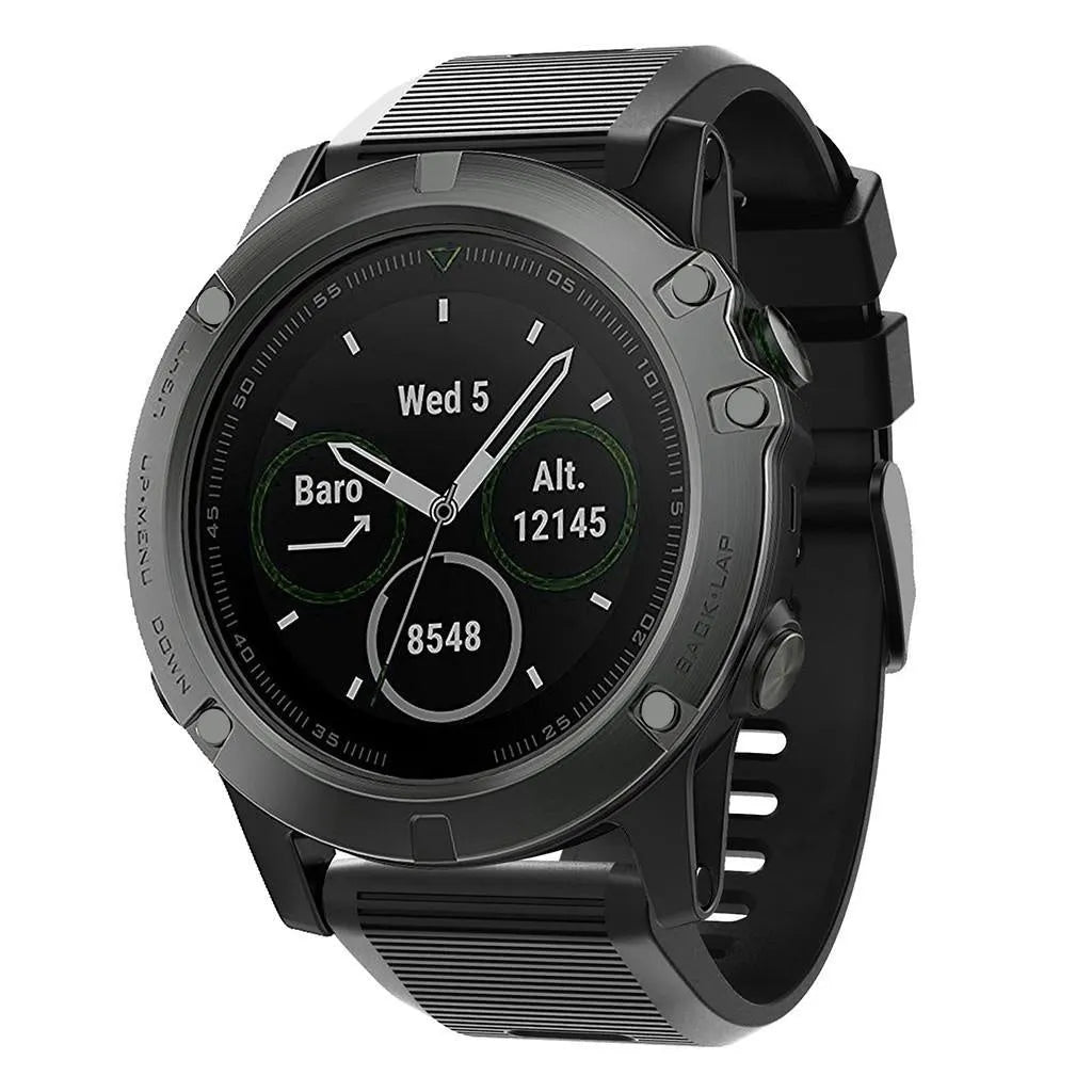 Silicone Strap, black, on a watch, 3/4 front view