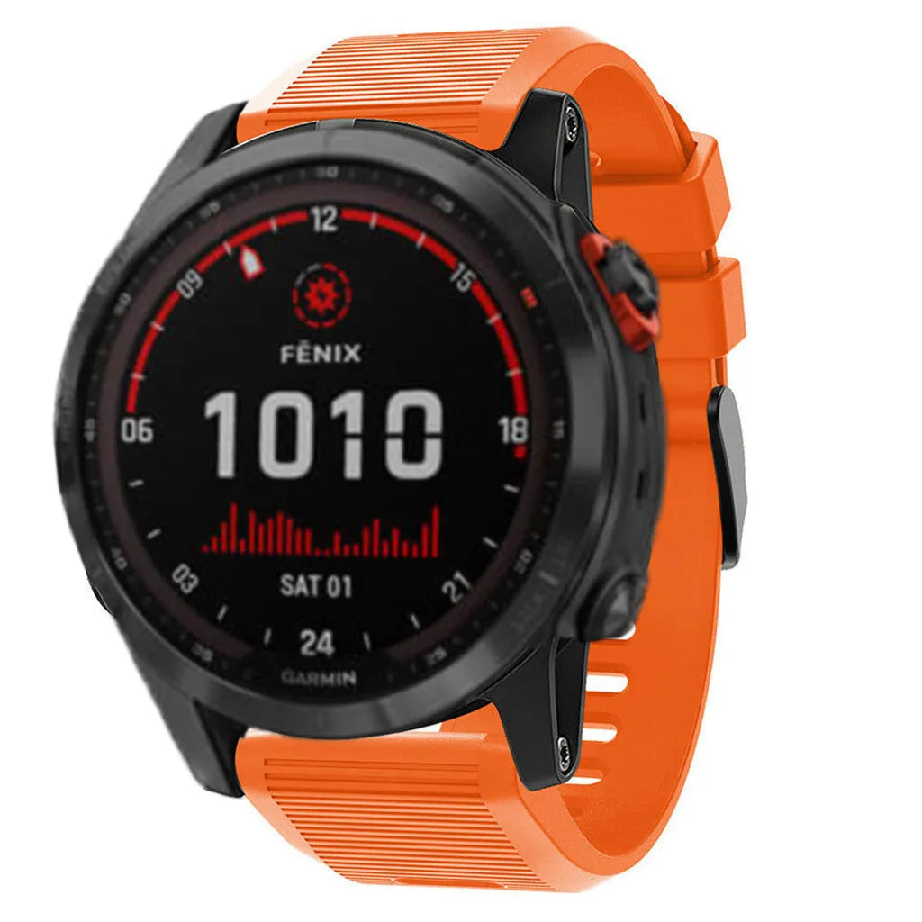 Silicone Strap, orange, on a watch, 3/4 front view