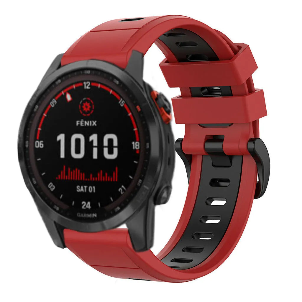 Silicone Sport Buckle Strap, red/black, on a watch, 3/4 front view