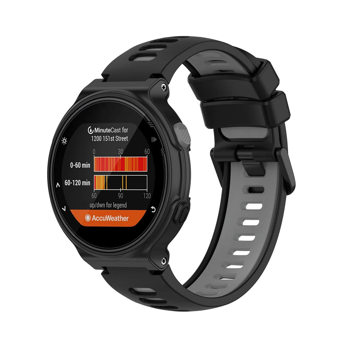 Silicone Sport Strap, black/grey, on a watch, 3/4 front view