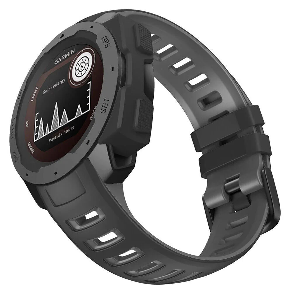 Silicone Sport Strap, black/grey, on a watch, 3/4 front view