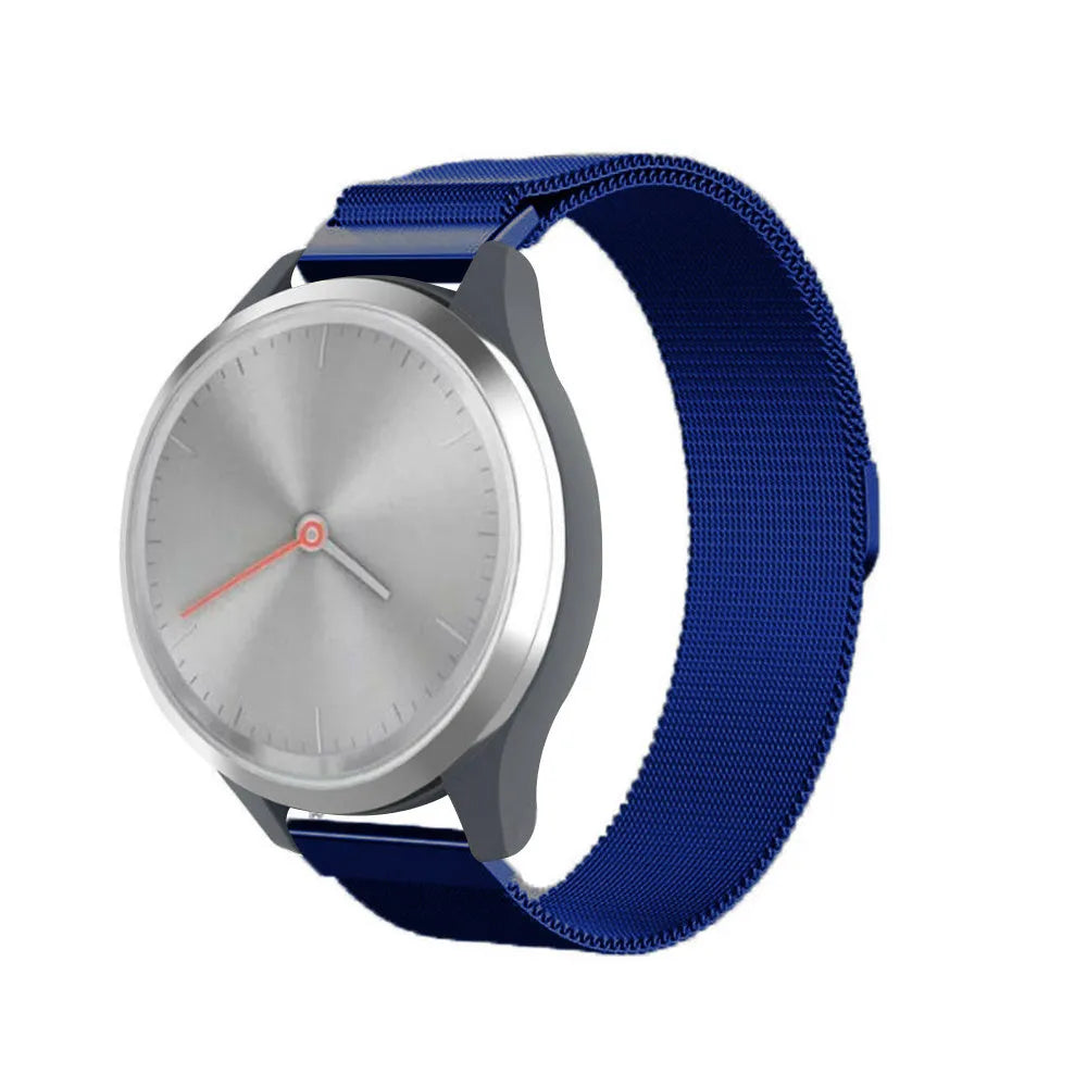 Milanese Strap, blue, on a watch, 3/4 front view
