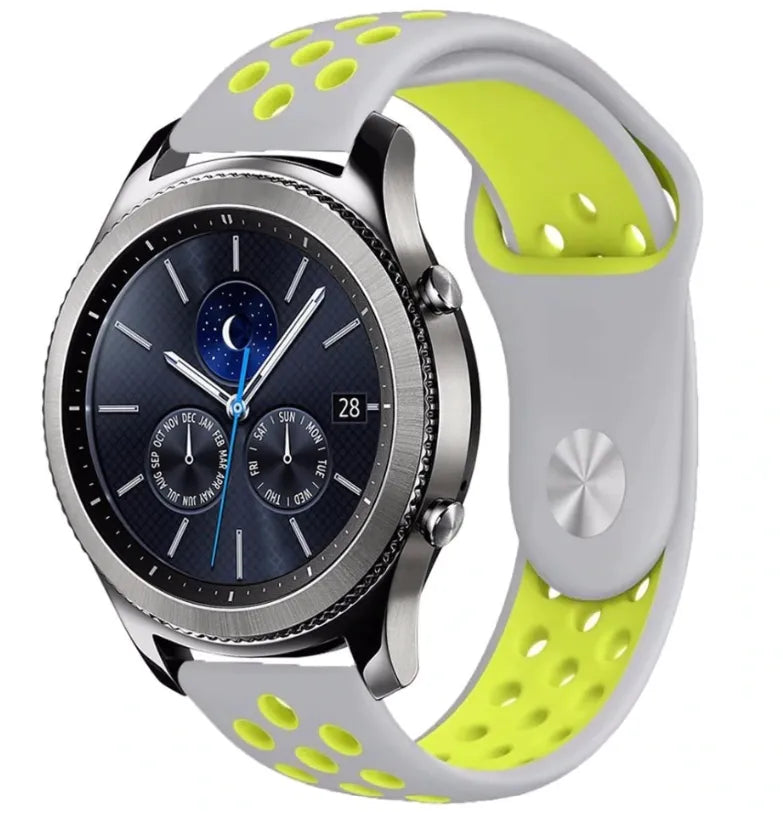 Silicone Sport Strap, grey/yellow, on a watch, 3/4 front view