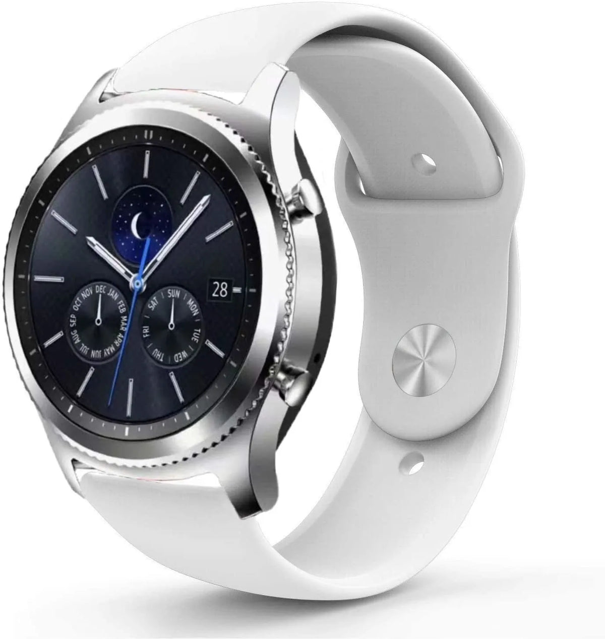 Silicone Sport Strap, white, on a watch, 3/4 front view