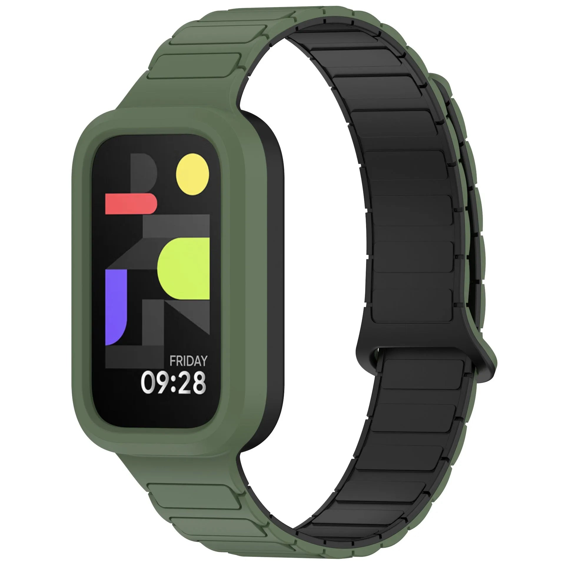 Magnetic Silicone Strap, army green, on a watch, 3/4 front view