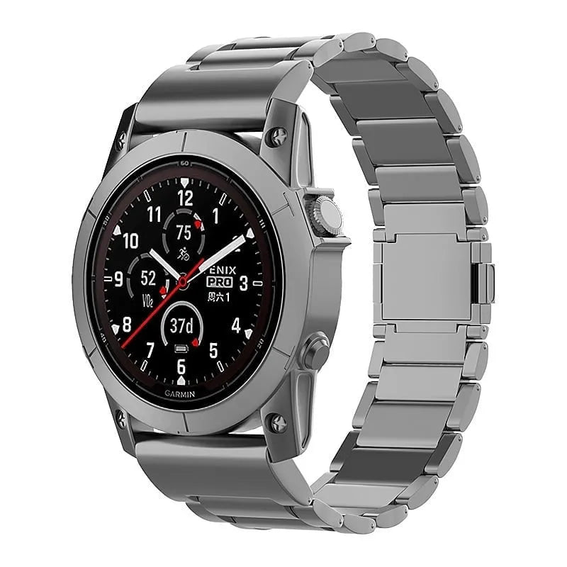 Magnetic Titanium Strap, graphite, on a watch, 3/4 front view