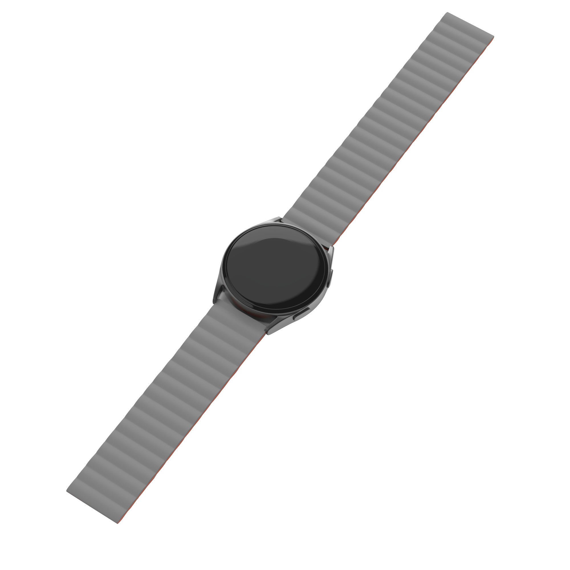 Magnetic Silicone Strap, grey/orange, on a watch, 3/4 front view