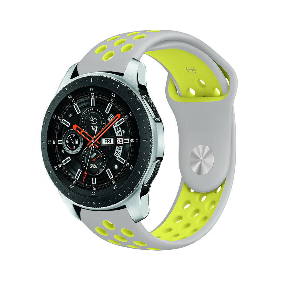 Silicone Sport Strap, grey/yellow, on a watch, 3/4 front view