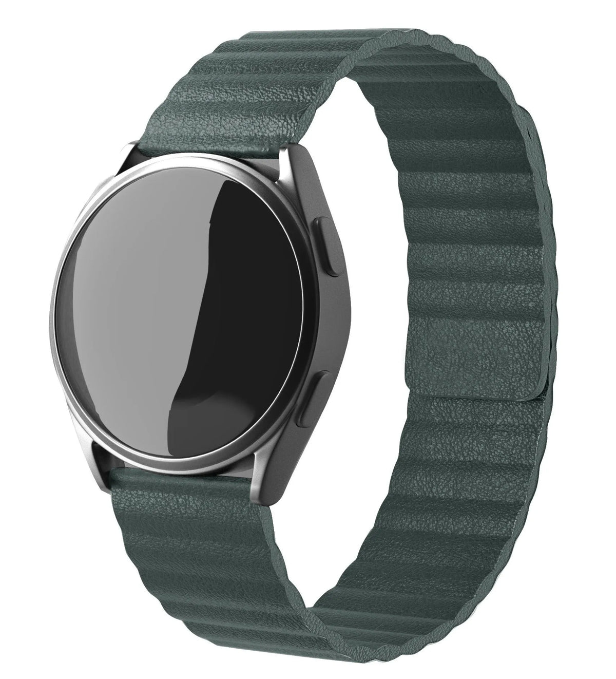 Leather Loop Strap, viridian, on a watch, 3/4 front view