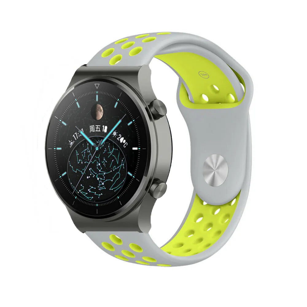 Silicone Sport Strap, grey/yellow, on a watch, 3/4 front view