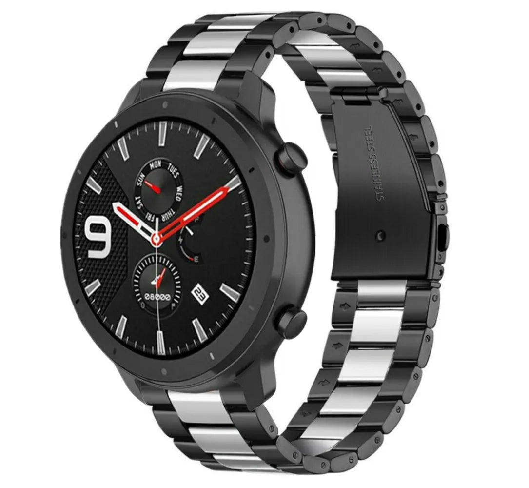 Steel Strap, black/silver, on a watch, 3/4 front view