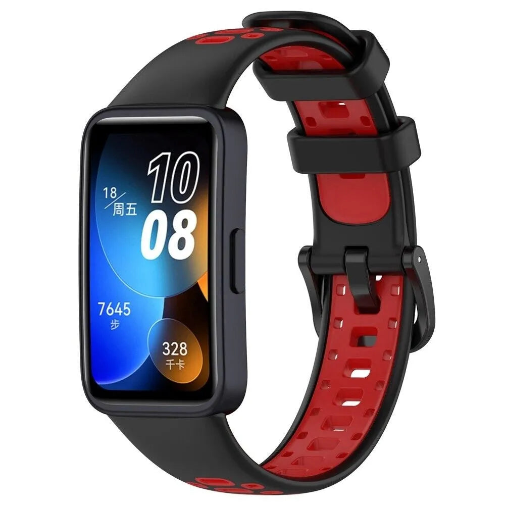 Silicone Sport Strap, black/red, on a watch, 3/4 front view