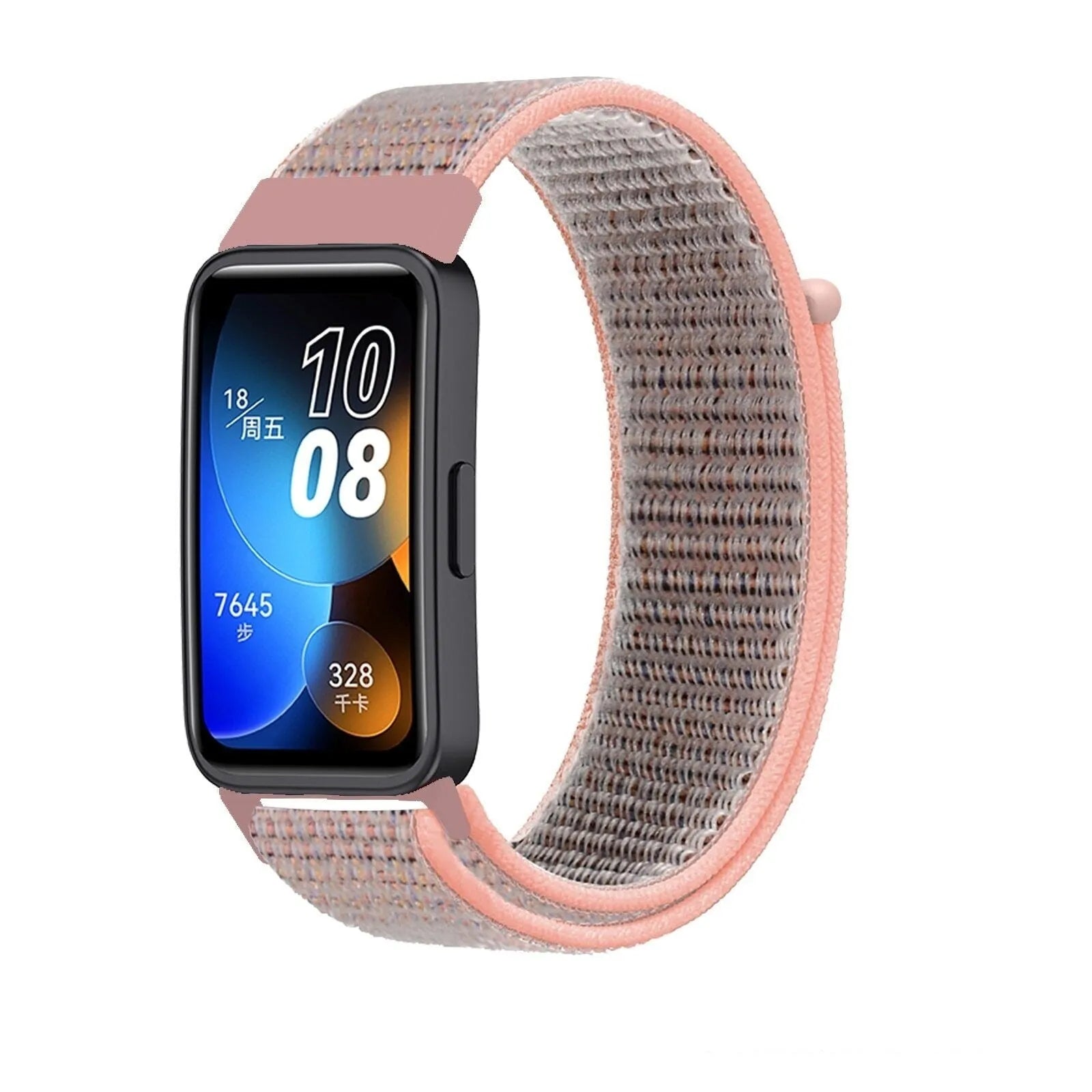 Nylon Strap, pink, on a watch, 3/4 front view