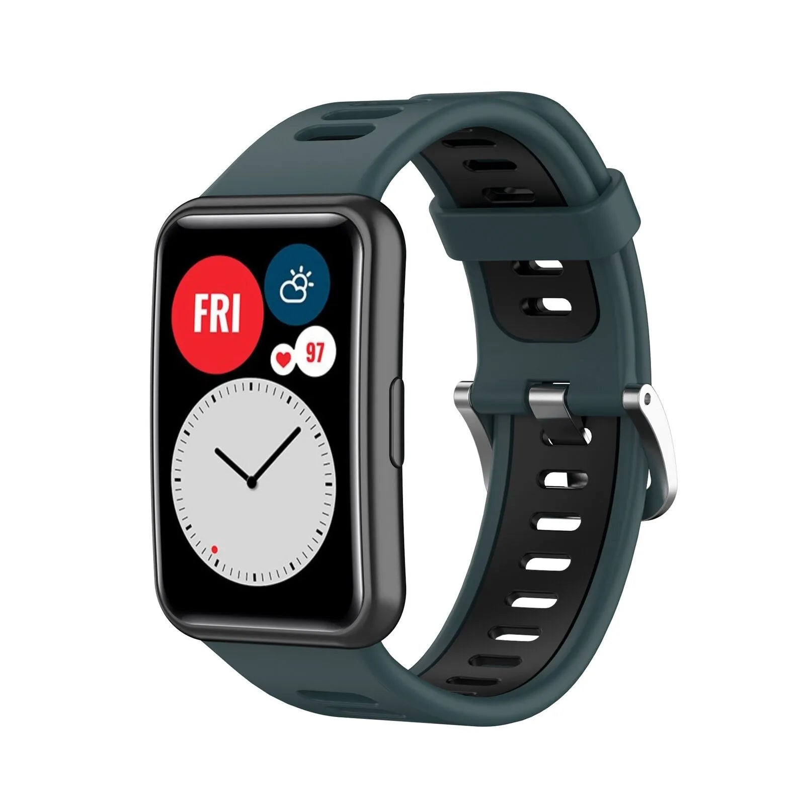 Silicone Sport Buckle Strap, green/black, on a watch, 3/4 front view