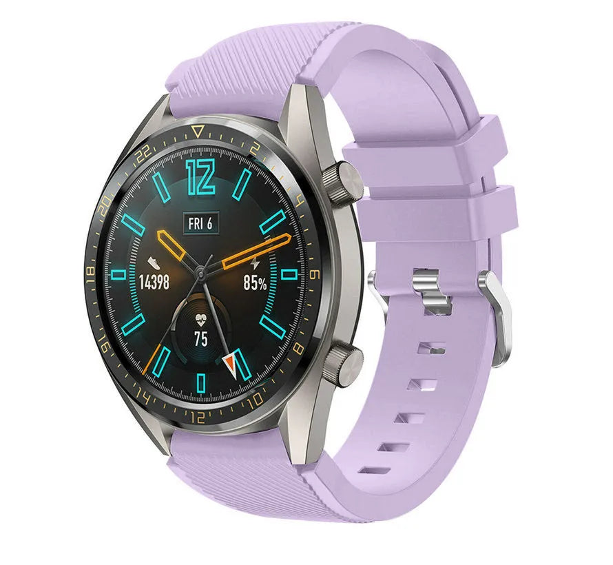 Twill Silicone Strap, lilac, on a watch, 3/4 front view