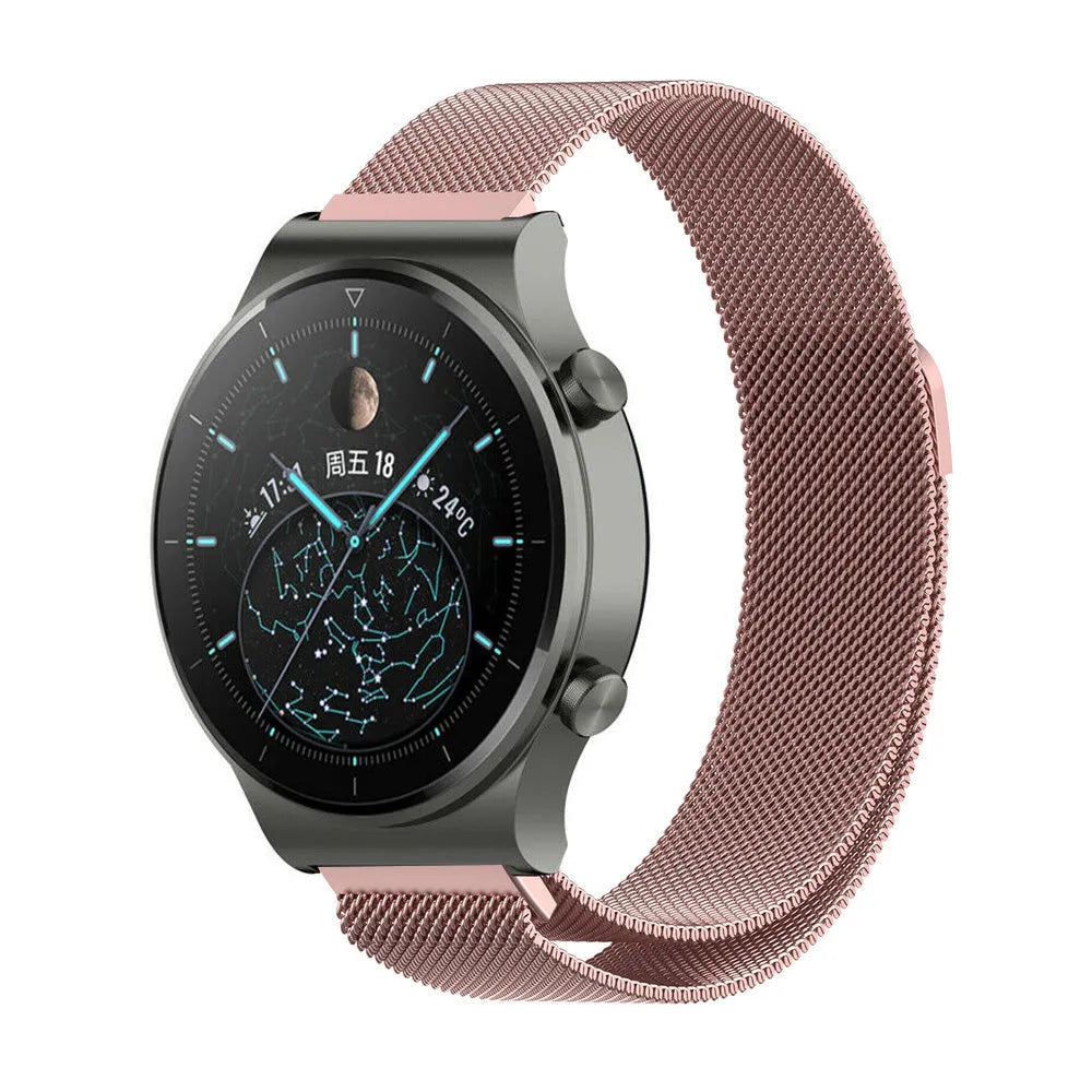 Milanese Strap, pink, on a watch, 3/4 front view