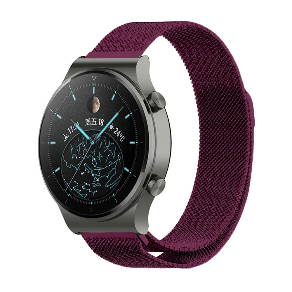Milanese Strap, purple, on a watch, 3/4 front view