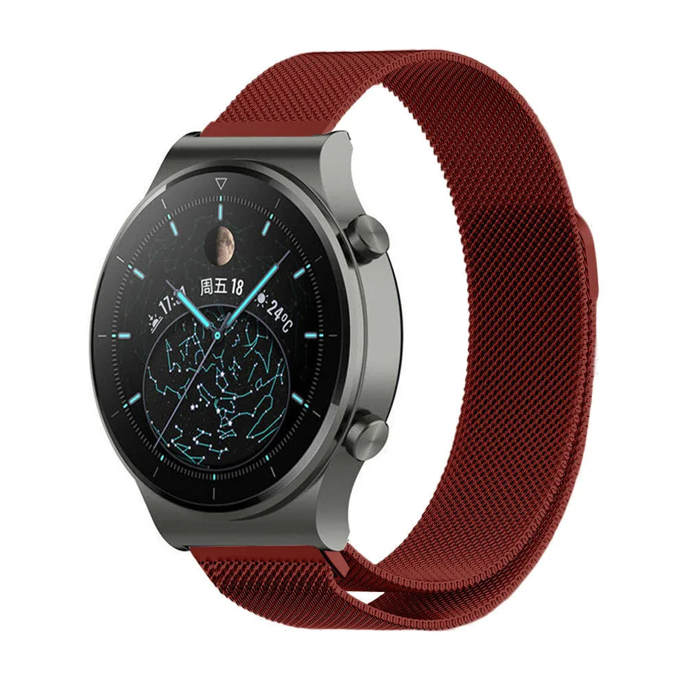 Milanese Strap, red, on a watch, 3/4 front view