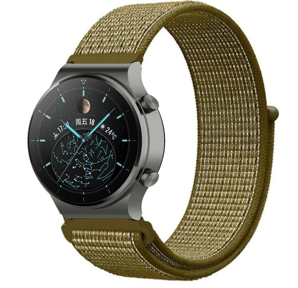 Nylon Strap, olive, on a watch, 3/4 front view