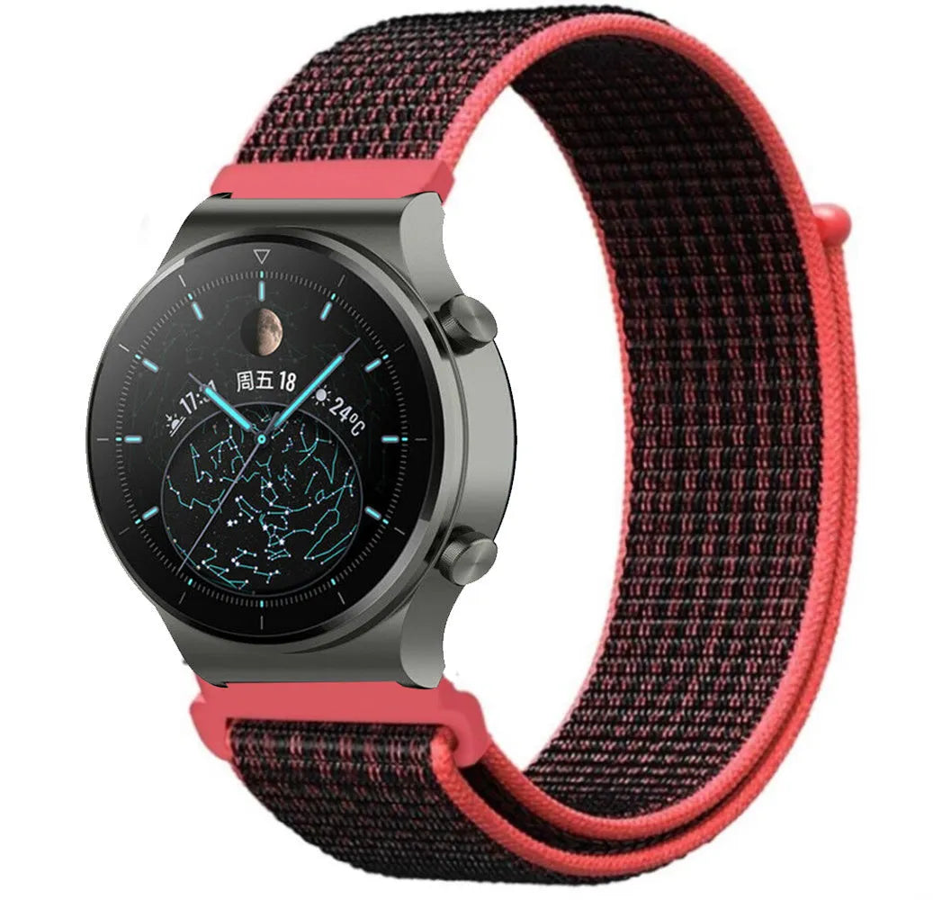 Nylon Strap, black/coral, on a watch, 3/4 front view
